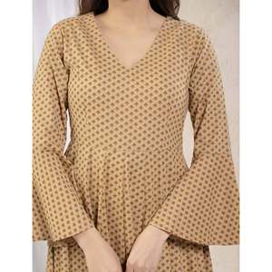 Beige Cotton Printed Long <b>Umbrella</b> <b>Dress</b> <b>Indian</b> & Pakistani Clothing - Product Image 2