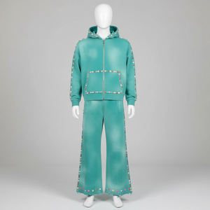 Venta al por mayor de calidad superior personalizado ODM ácido lavado de diamantes de imitación térmica de invierno ropa de calle de los hombres de 2 piezas Boxy Hoodie pantalones Sweatsuit - Product Image 1