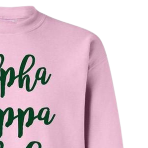 Sudadera AKA Script de cuello redondo, rosa claro con letras verdes, jersey de forro polar de manga larga para hermandad - Product Image 3