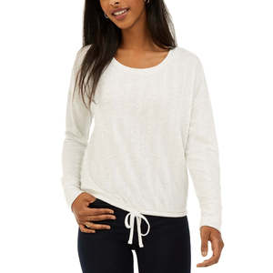 Junior's Pink <b>Rose</b> Drawstring Hem Knit <b>Top</b> Women's White Large Size - Product Image 1