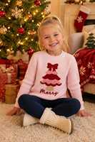 Pull en tricot côtelé personnalisé OEM & ODM avec logo sur mesure pour filles, col rond, manches longues, motif appliqué, idéal pour Noël et l'hiver