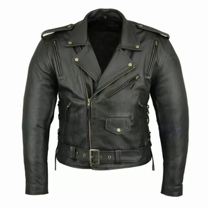 Men's Genuine Leather Moto Jacket Turn-<b>down</b> Collar Zipper Closure Solid Color Regular Sleeve Autumn Style - Product Image 5