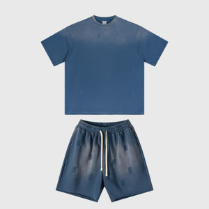 Conjunto de camiseta y pantalones cortos de lavado ácido de punto personalizado unisex de gran tamaño Vintage patrón sólido de talla grande para el verano - Product Image 2