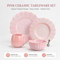 Service de table en céramique personnalisable, motif floral en relief, 16 pièces, assiettes, bols et tasses en porcelaine fine rose