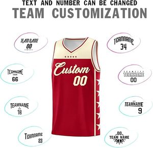 Ensemble de maillots de basket personnalisés rouge crème, col en V, sans manches, en mesh, impression sublimée, unisexe, adulte, toutes saisons, respirant - Product Image 3