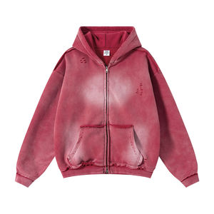 Men's Zip Up Hoodies <b>Y2k</b> Distressed Washed Oversize Cardigan Hoodie Plus Plush Tie-dye Fraying Hooded Sweatshirt Autumn Winter - Product Image 5