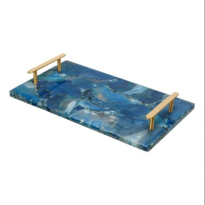 AK Laiton Décoratif En Métal Avec Imprimé Et Avec Plateau De Service En Marbre Avec Poignée En Laiton Pour Décoration De Table - Product Image 1