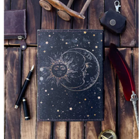 Carnet de notes vintage fait main à couverture rigide en papier, cadeau élégant pour hommes et femmes, motif demi-soleil et lune, reliure cousue, 7x5 pouces, 120 feuilles
