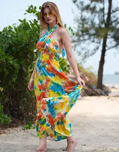 Fait à la main indien Tie Dye femmes longue rayonne été automne Vintage multicolore dos nu licou cou luxe léger 1 - Product Image 2