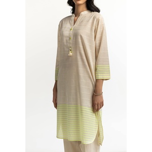 Women's Beige Dyed Jacquard Florescent Mandarin Collar Shirt - Product Image 1