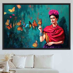 Impresión en Lienzo de Frida Kahlo con Mariposas: Regalo de Arte Mural Personalizado, Lienzo con Marco Negro - Product Image 1