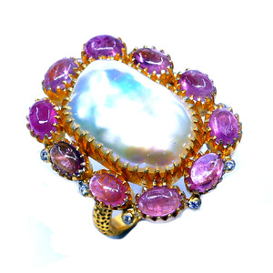 Anillo clásico de piedras preciosas de turmalina y Perla personalizada, joyería chapada en oro de Plata de Ley 925 para boda - Product Image 4