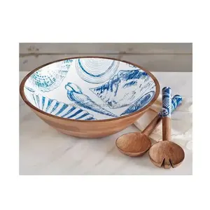 畅销印刷搪瓷作品木制上菜碗手工木制上菜沙拉碗全球出口