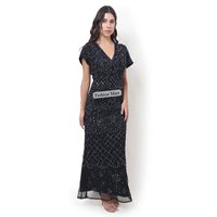 Robe de soirée noire élégante perlée à la main pour femmes Robe longue à col en V avec broderie complexe de paillettes