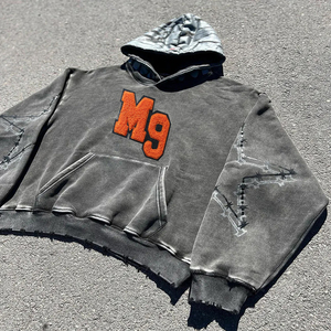 Sudadera con capucha mezclada algodón para hombre estilo distress efecto lavado ácido logotipo bordado chenilla personalizado - Product Image 4