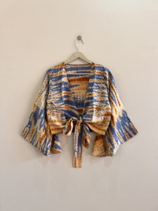 Bell Sleeve Crepe Silk Women Crop Top <b>Tie</b> Dye <b>Wrap</b> Top Vintage Women Blouse - Product Image 3