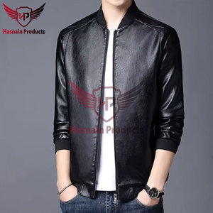 <b>Mens</b> Real Tan <b>Leather</b> Bomber <b>Jacket</b> Black Rib Collar Zip Side Pockets Sheepskin Camel Flight Coat Custom Brown Winter Outerwear - Product Image 6