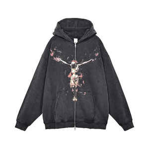 Sudaderas con capucha desgastadas lavadas con ácido de lana suave para hombre con suéter/cremallera Tipo de patrón sólido de invierno Estampado Bajo MOQ Suministro al por mayor - Product Image 1