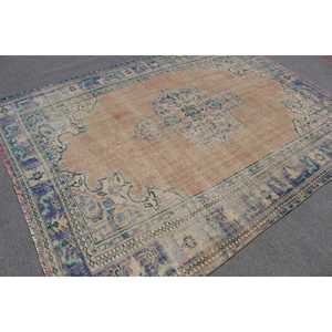 Alfombra grande vintage de 6.6x8.8 pies, alfombra de lana turca azul con lunares - Product Image 1