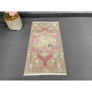 Turkish Vintage Traditional Rug Eco Friendly Latex Backing 1.5x2.8 ft Small <b>Red</b> Patchwork <b>Wool</b> Rug - Product Image 3