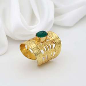 Boho Filigree <b>Ring</b> Bohemian <b>Brass</b> <b>Rings</b> Women 18k Gold Plated Tribal Green Onyx Jewelry - Product Image 4