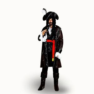 Men <b>Retro</b> Sea Captain Costume Set, Faux Leather Long Jacket with Matching Hat and Wig for Stage Performance - Product Image 1