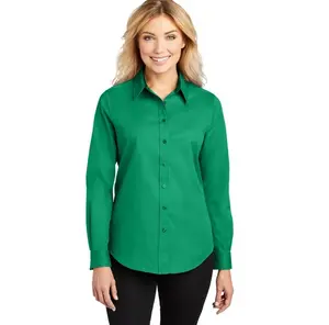 Blusa feminina 100% algodão liso cor verde, camisas personalizadas para escritório e negócios, camisas de trabalho femininas de mangas compridas