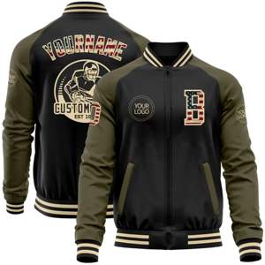 OEM Fabrication Personnalisée de Haute Qualité Noir Vintage USA Drapeau Olive-Crème Bomber Varsity Letterman Deux Tons Veste à Fermeture Éclair - Product Image 1