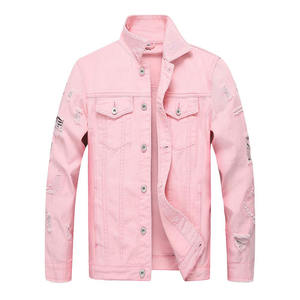Vente en gros Vestes en jean déchirées pour hommes Vestes roses classiques et décontractées en coton personnalisées - Product Image 1