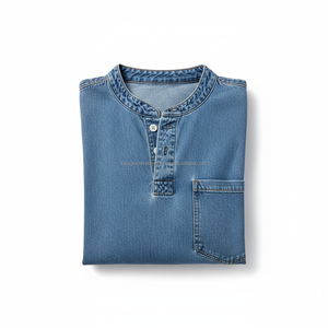 Camiseta Henley sin mangas de mezclilla para hombre, personalizada OEM, estilo vintage, lavado azul, chaleco informal de jean con bolsillo en el pecho - Product Image 6