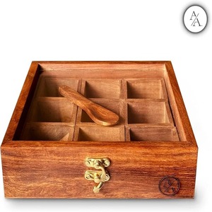 Boîte Masala en bois de cuisine faite à la main conteneurs carrés amovibles couverture épices Dabba boîte à bijoux Condiments stockage Style américain - Product Image 4