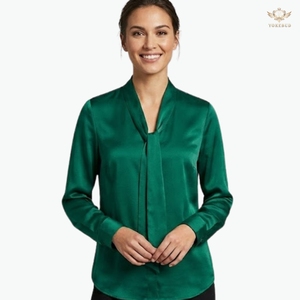 Vente en gros de chemisiers élégants pour femmes sur mesure, haut à manches longues à paillettes, chemise en satin vert, haut en dentelle crème, vêtements de soirée, usine OEM - Product Image 3
