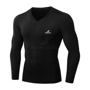 SONISPO Men's Long Sleeve V-Neck Compression <b>Shirt</b> Quick Dry Slim Fit Sporty Black Knitted <b>Polyester</b> <b>T</b>-<b>Shirt</b> - Product Image 1