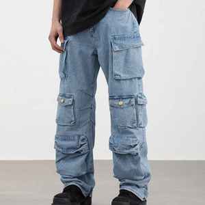 กางเกงยีนส์คาร์โก้ผ้าฝ้ายแบบมีฝาปิดสำหรับผู้ชายกางเกงยีนส์ทรงหลวมโอเวอร์ไซส์สำหรับผู้ชาย - Product Image 1