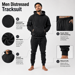 Conjunto Deportivo Moderno para Hombre, Diseño Desgastado, Textura Lavada, Cómodo, 100% Algodón, Estilo Regular, Diseño 2 en 1, Ropa Urbana - Product Image 6