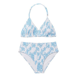 Conjunto de bikini con estampado de leopardo blanco y morado para mujer, top halter, pantalones de cintura alta, traje de baño de dos piezas de punto elástico - Product Image 4