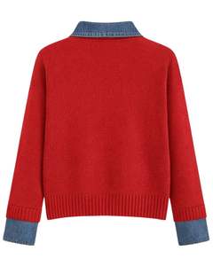 Customized <b>Women</b> <b>Red</b> Knit Sweater With Denim Collar Button Neck Long Sleeve Pullover Casual Winter Top Soft Acrylic Blend - Product Image 5