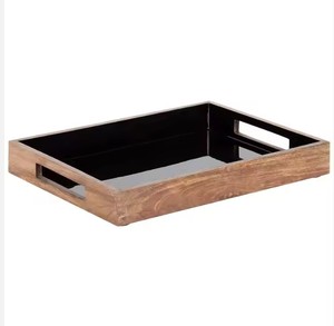 Nouvelle arrivée Plateau de service rectangulaire en bois massif de couleur noire avec poignées en métal pour la maison et les restaurants à bas prix - Product Image 6