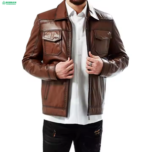 Veste en cuir véritable marron pour homme BEHRAM INTERNATIONAL, col rabattu, fermeture éclair, coupe classique, style automne - Product Image 1