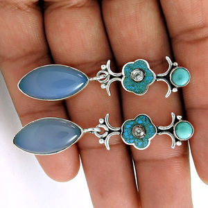 925 Sterling Silver Minimalist Design Boucle D'oreille Vintage À La Main Clouté Avec Multi Gemstone Gemstone Boucle D'oreille Pour Femme Et Filles - Product Image 3