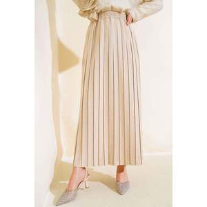 Jupe plissée taille élastique beige longue respirante Style enveloppant décoration pailletée en cuir Spandex nylon soie teinte unie - Product Image 4