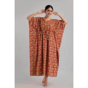 Free Size Red Floral Print Pure Cotton <b>Kaftan</b> Maxi Ethnic Dress Elegant <b>Summer</b> Beach ODM/OEM Service-SHKUP1243 - Product Image 3