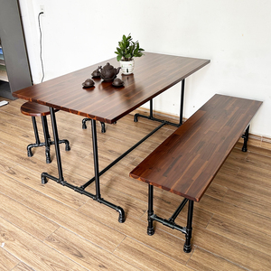 Industrial Design 4-Person Seating <b>Table</b> and Chair Set <b>with</b> <b>Foldable</b> Pipe <b>Legs</b> Acacia Wood Top for Farmhouse or Kitchen-CBBA109 - Product Image 3