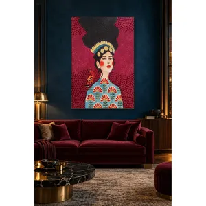Stampa su tela di Fida con donna coronata e uccello cappello di paglia su sfondo bordeaux - Product Image 5
