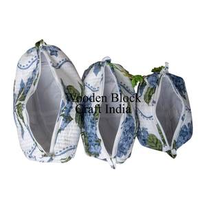 Quilted Hand Block Printed Indian Bohemian Eco-Friendly Zipper Small Makeup <b>Bag</b> for <b>Wash</b> Pouch 3 Pieces Cosmetic Organizer - Product Image 4