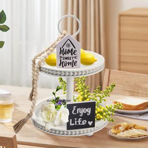 Bandeja de servicio de 2 niveles de madera 2025 con letreros decorativos de madera y Guirnalda de cuentas, decoración de mesa de cocina, decoración de bandeja de nivel, novedad - Product Image 6