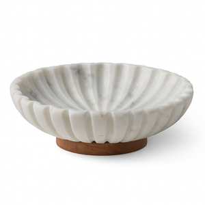 Cuenco de mármol tallado blanco con base de madera, plato de fruta decorativo de tendencia, superventas, pieza de acento de lujo, hogar minimalista moderno - Product Image 1