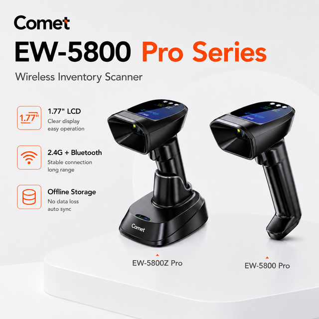 COMET EW-5800 Pro Wireless 1D/2D Barcode Scanner with LCD, 2.4G BT, Offline Storage, No-Loss Sync, Charging Dock Optional