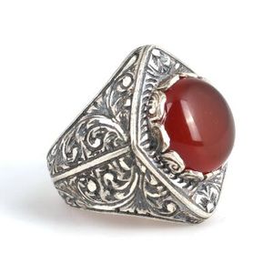 Men's Rhodium-Plated 925 Sterling Silver Oval-Cut Geometric Engraved Oval Cut Agate <b>Ring</b> for Everyday Wear - Product Image 1