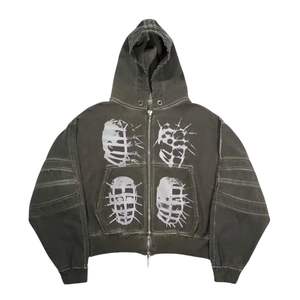 Sudadera con capucha desgastada con lavado ácido para hombres y mujeres, ajuste holgado, diseño impreso en relieve, ropa de calle de algodón 100%, MOQ bajo - Product Image 3